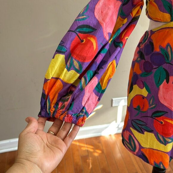 FARM Rio Long-Sleeve Poplin Colorful Open Back Puff Sleeve Mini Dress Size M NWT - Picture 13 of 14